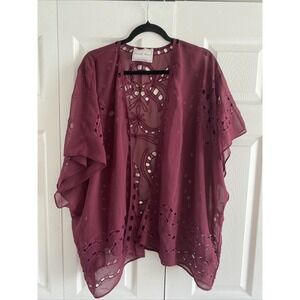Beautiful Stories Embroidered Kimono Wrap Womens OS Burgundy Boho Romantic Flowy